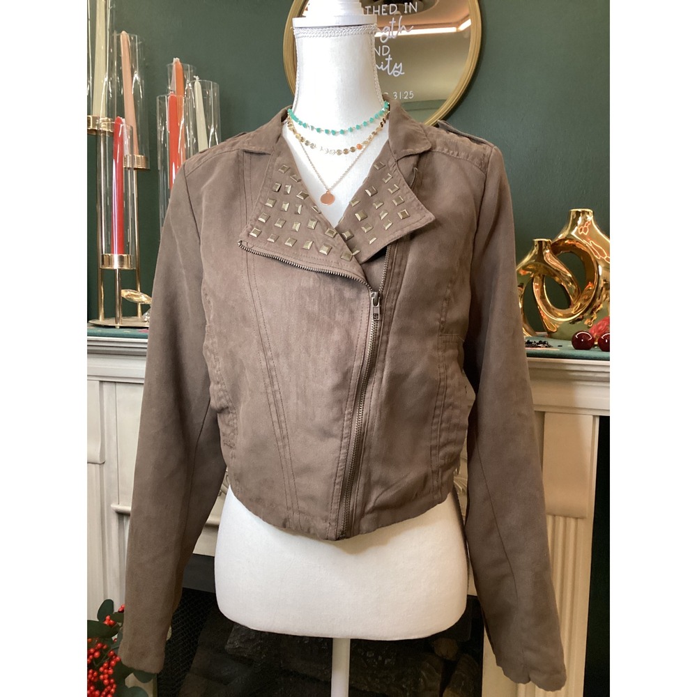 GB Studded Faux Suede Moto Jacket Women‎ M Brown NWT Cropped Biker